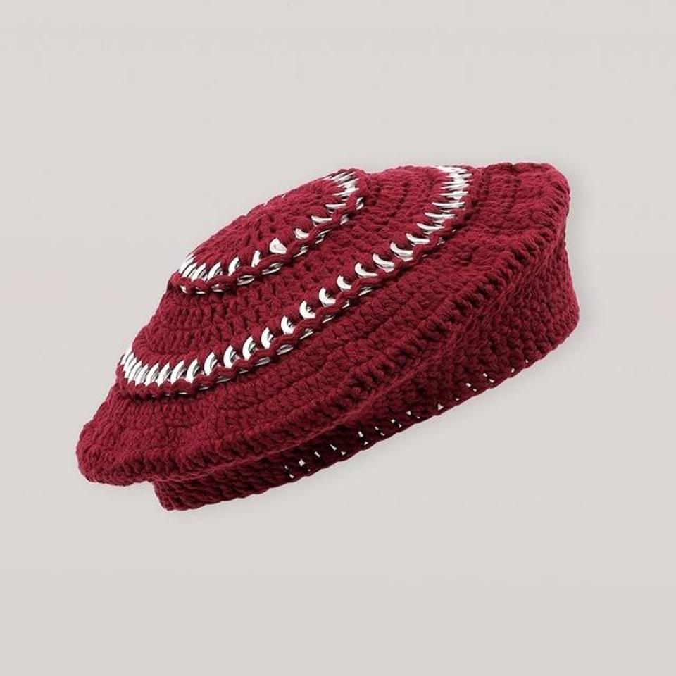 素材ニットGANNI CROCHET BERET FIERY RED クロシェベレー帽