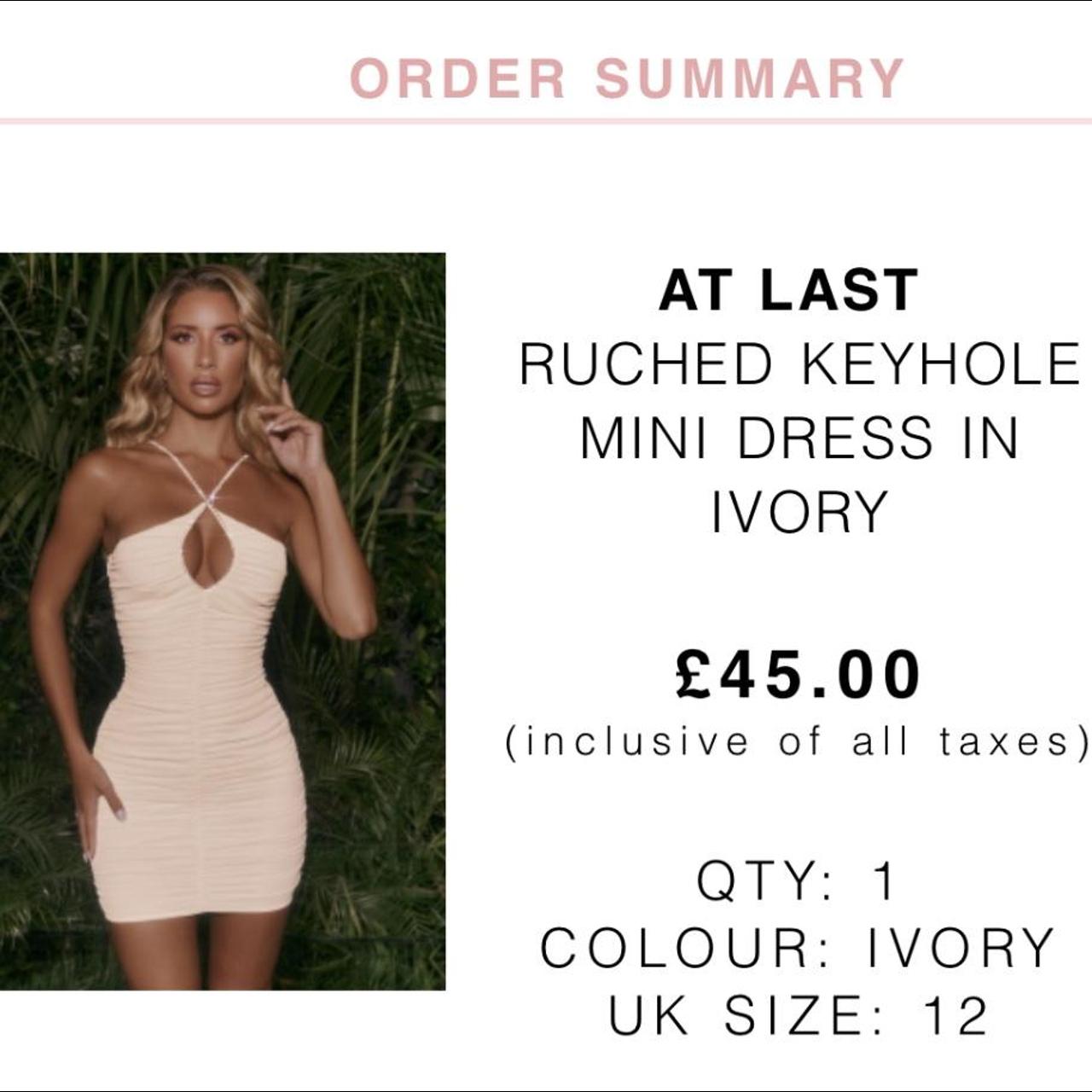 at last ruched keyhole mini dress in ivory