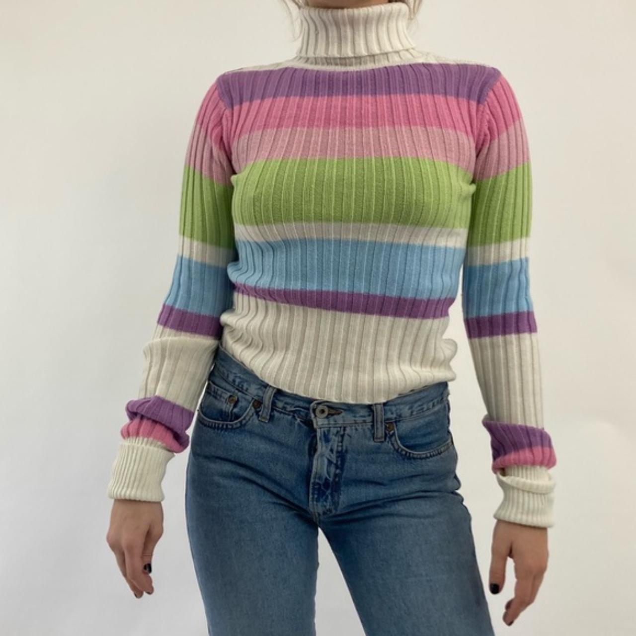 Adorable Y2K colorful striped pastel knit turtleneck... - Depop