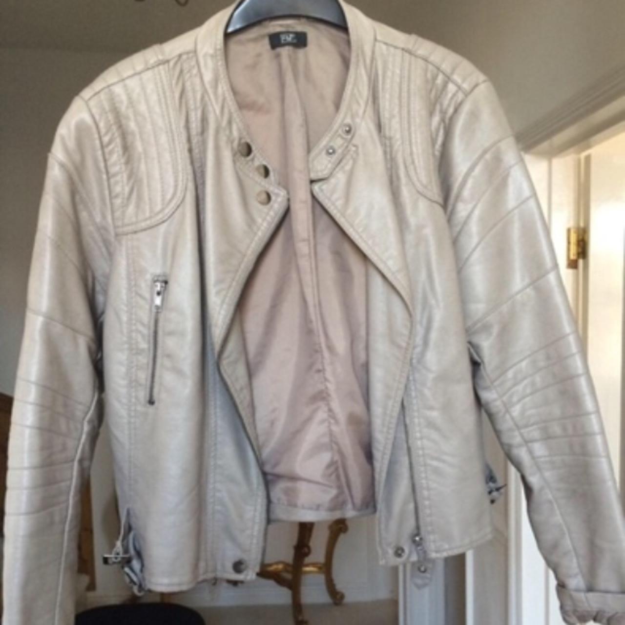 Leather beige jacket. Size 12. #primark #blackheels... - Depop