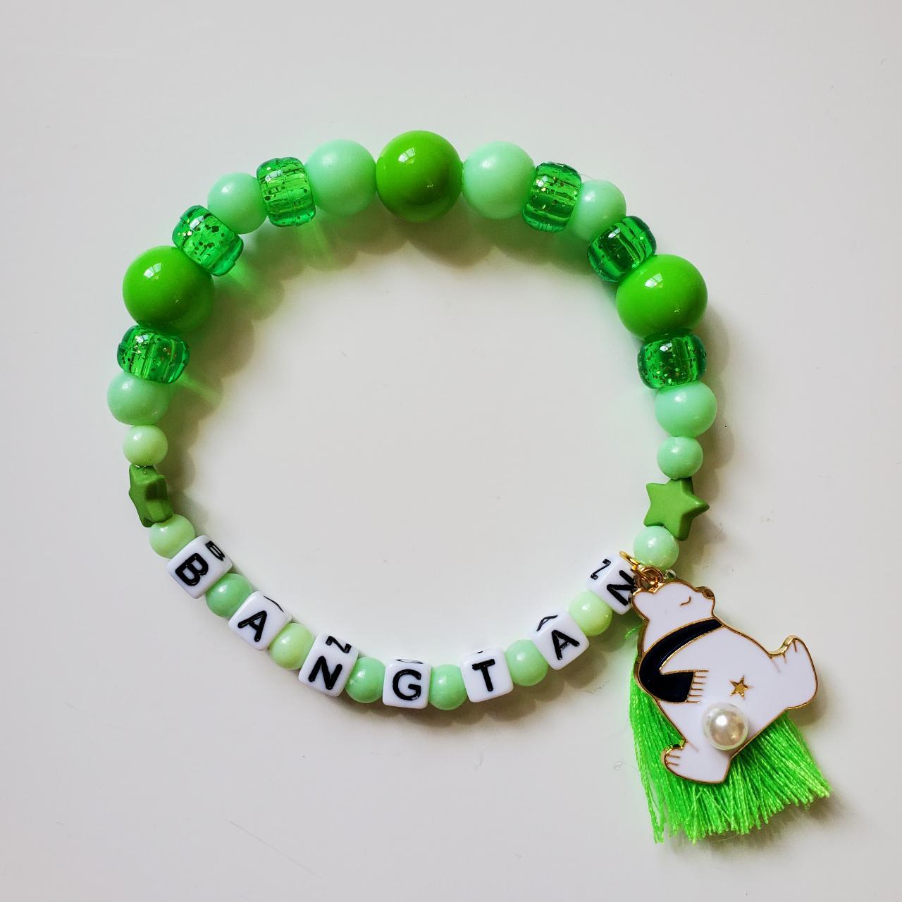 BTS V Bracelet Grey Beaded With Green Lettered Taehyung 