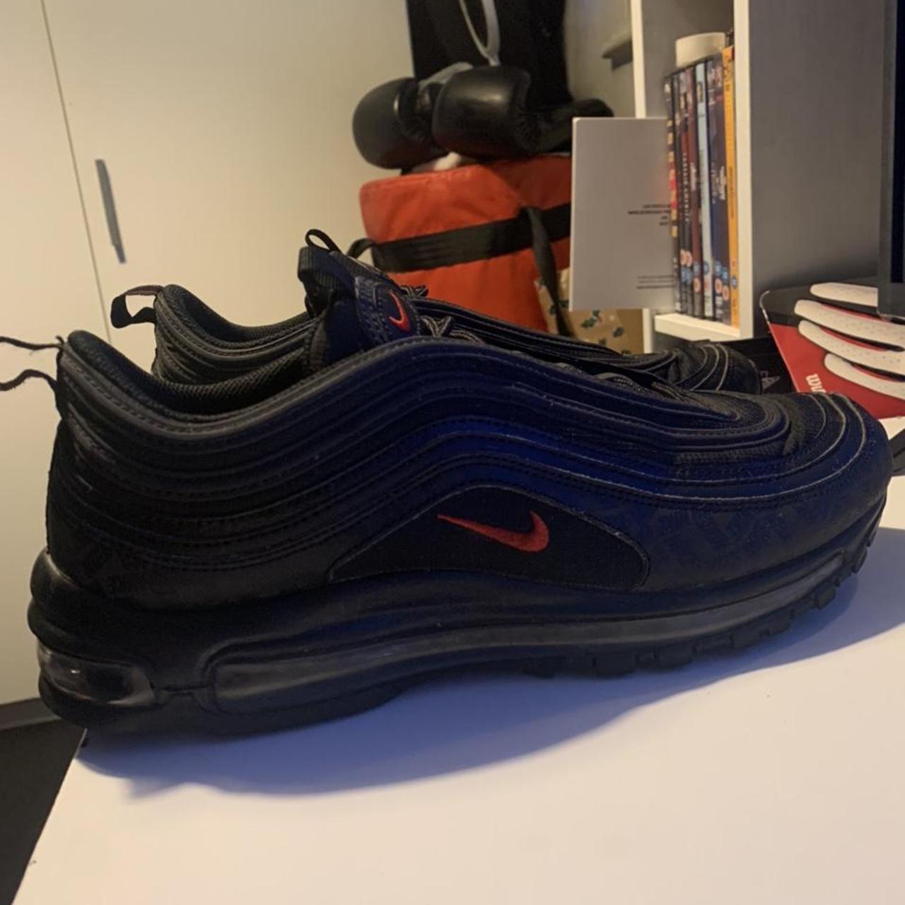 Air max 97’s black/red - reflective Nike print all... - Depop