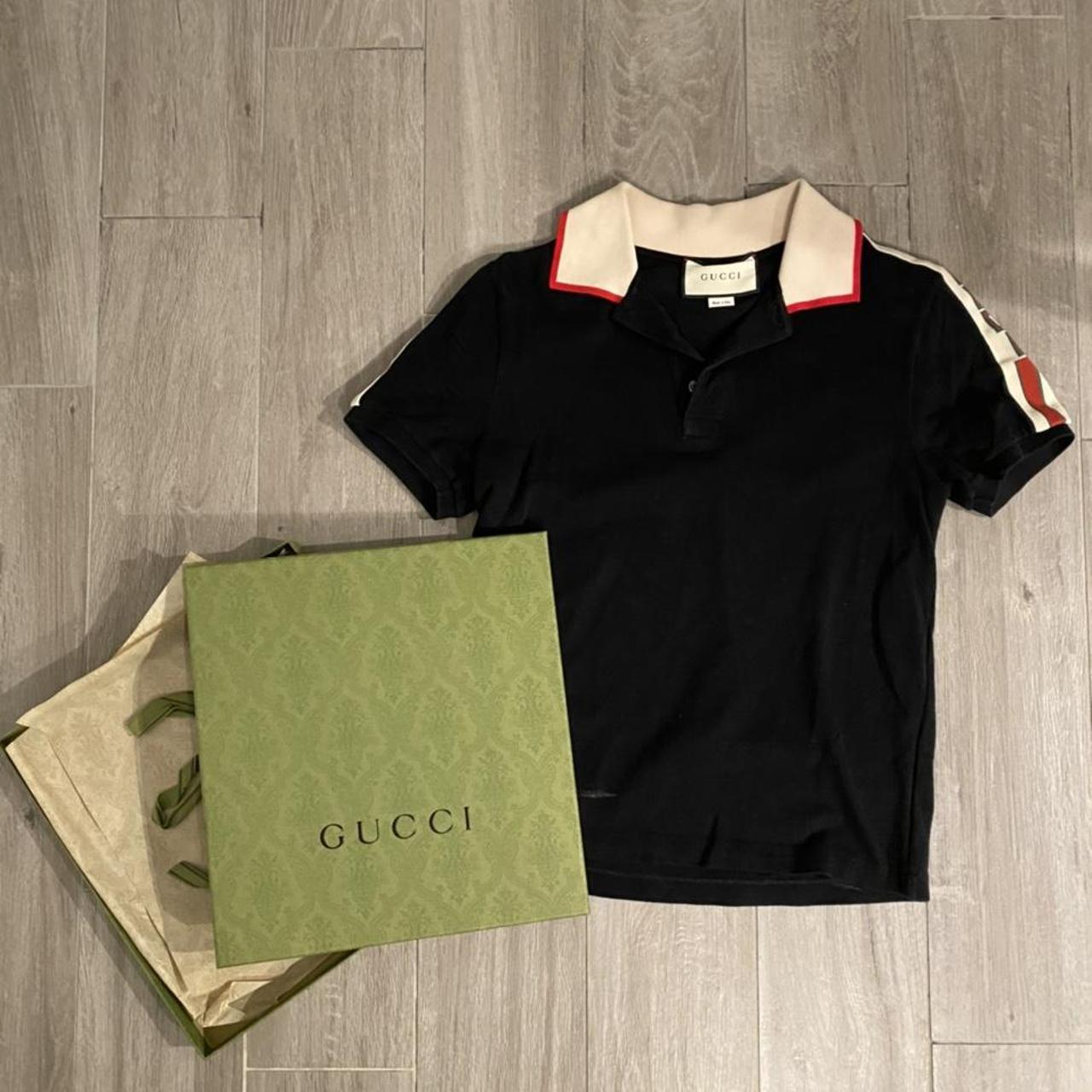 Gucci black polo shirt with cream collar and gucci... Depop