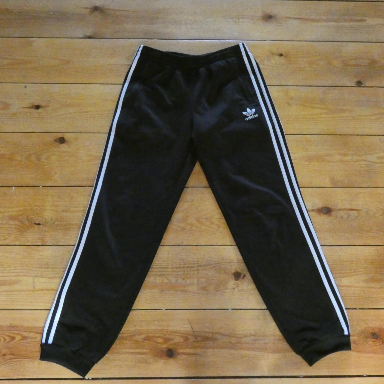 adidas original three stripe joggers in black 8/10... - Depop