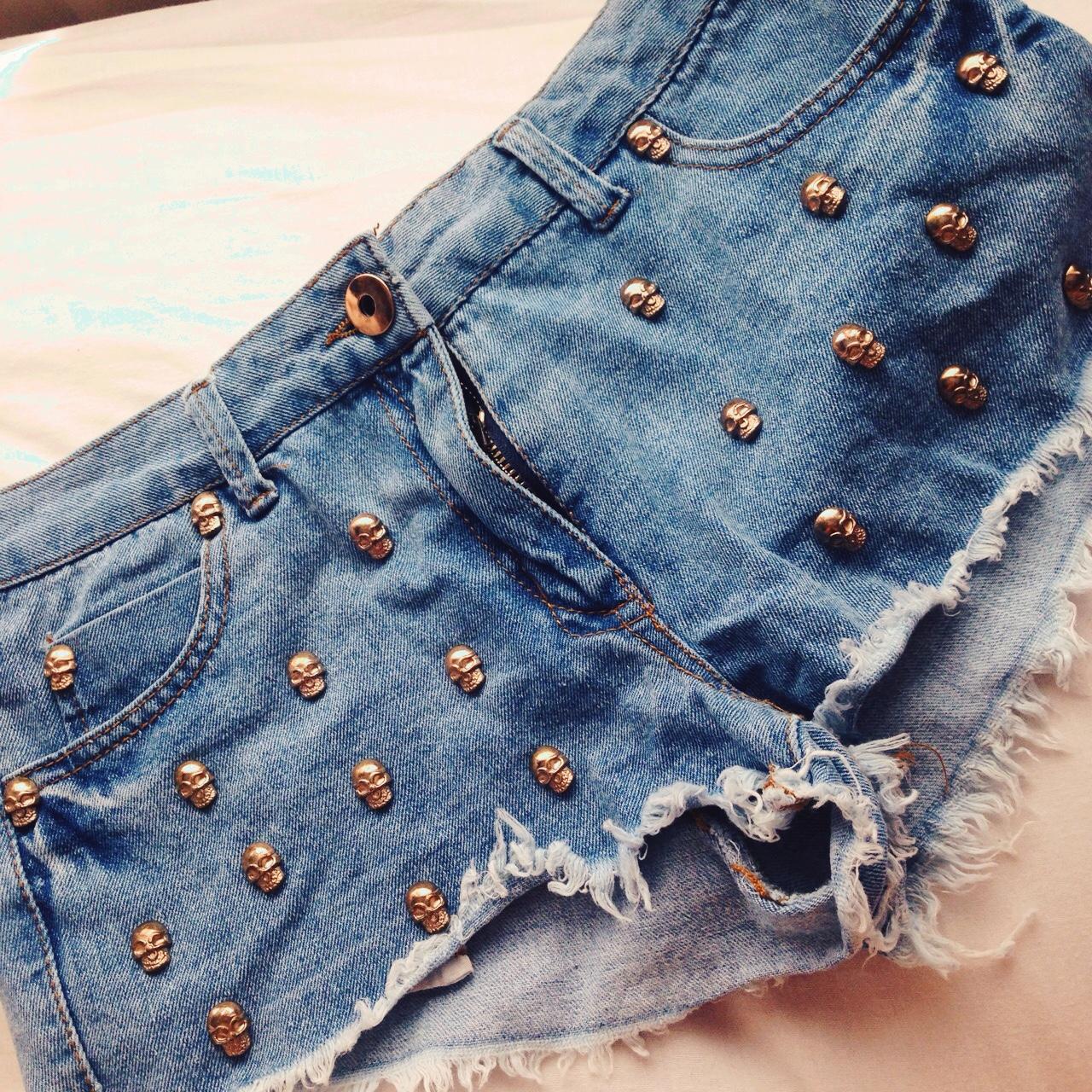 Blue Denim gold skull detail shorts - Depop