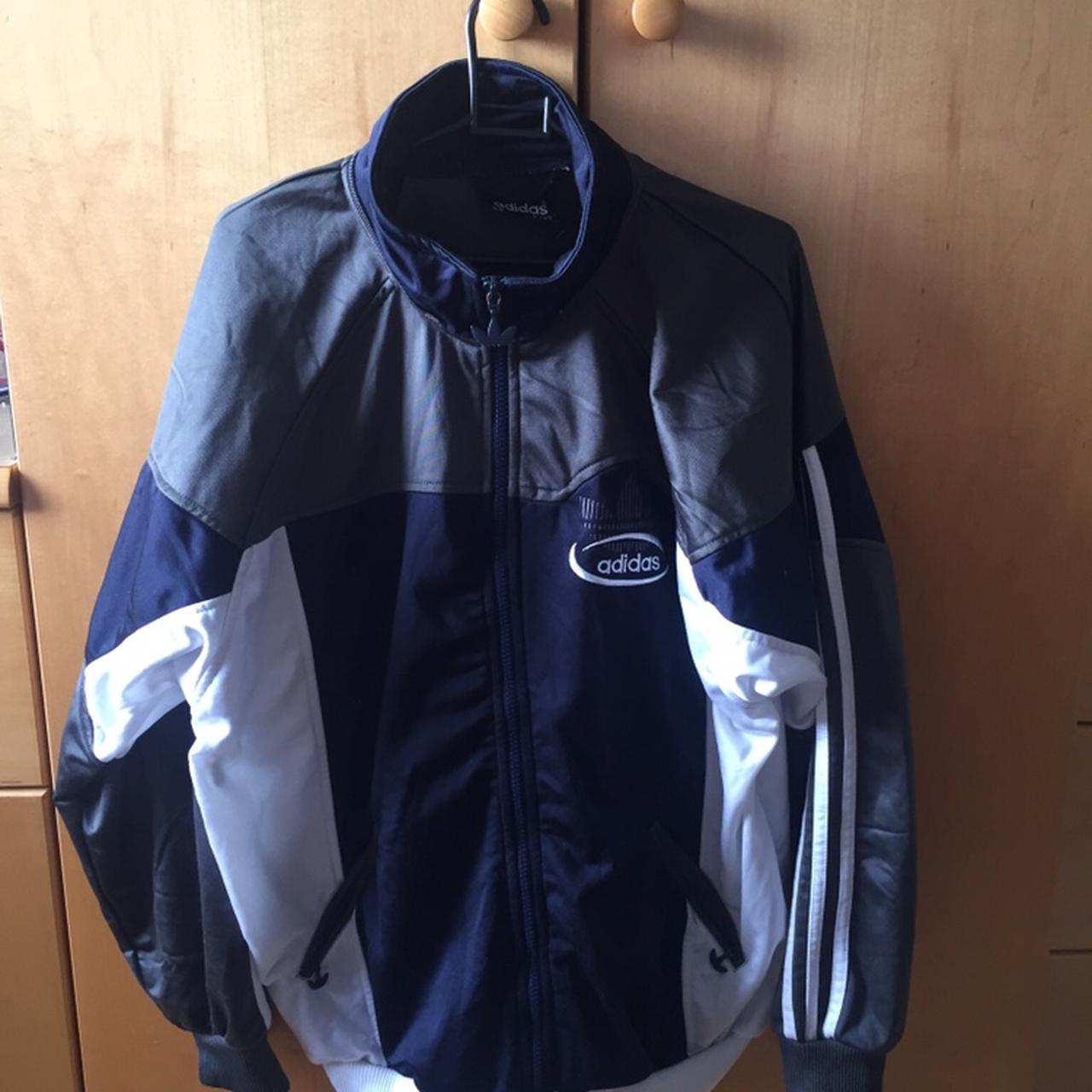 Adidas track jacket Blue grey and white Small... - Depop