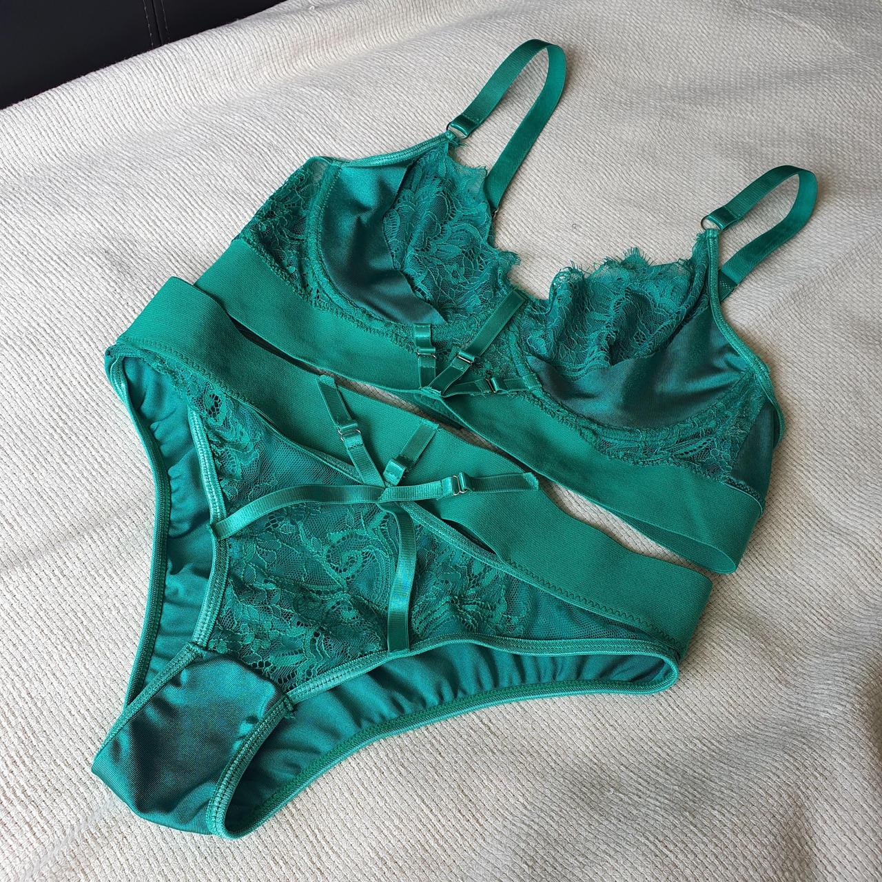 Stunning green bra and panty set. Size L. Estimated... - Depop