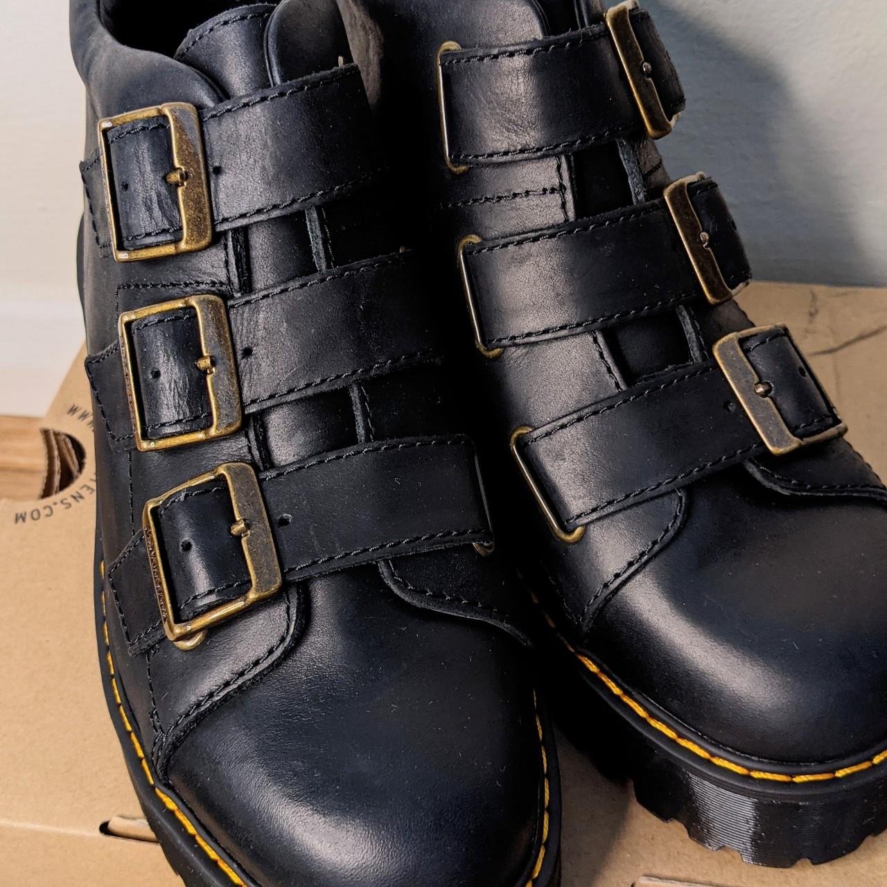 Dr martens coppola black leather triple strap heeled ankle boots best sale