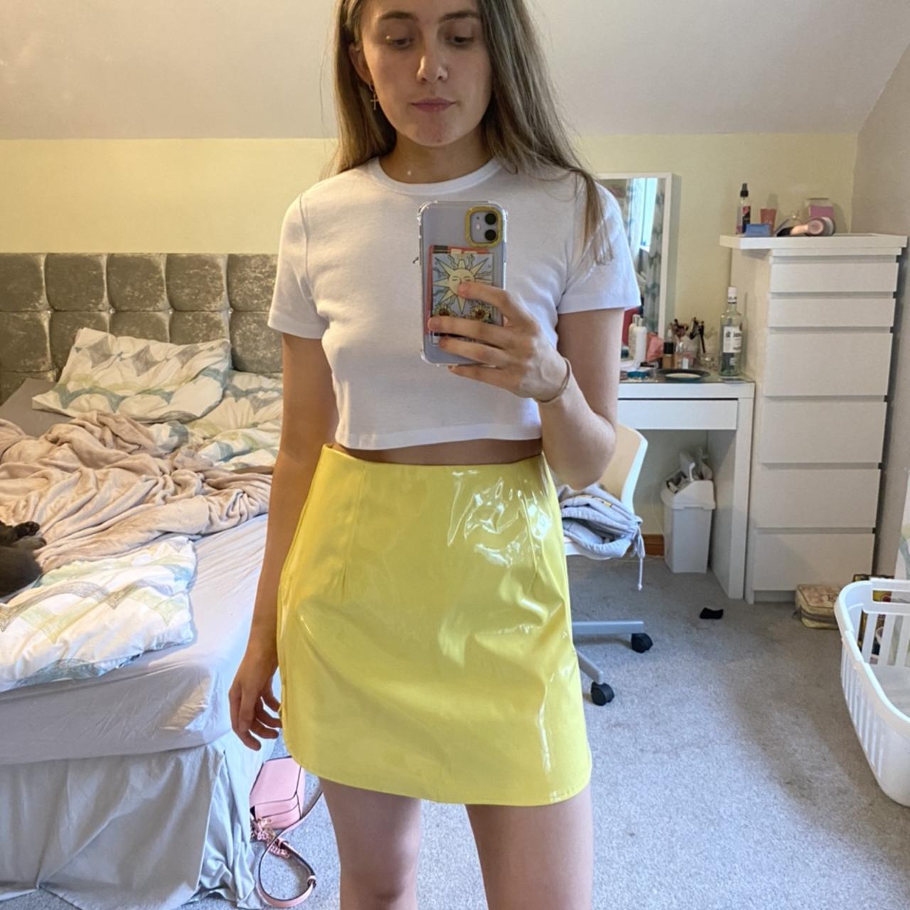 Bright yellow latex mini skirt Tags still on