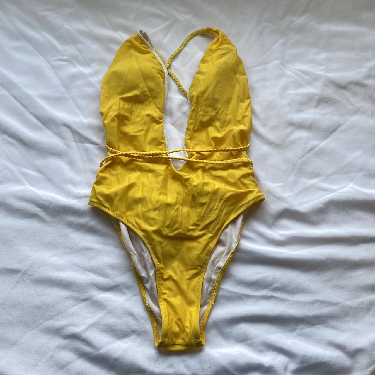 yellow tie up backless swimsuit 💗 size 6-8 💗 washed... - Depop