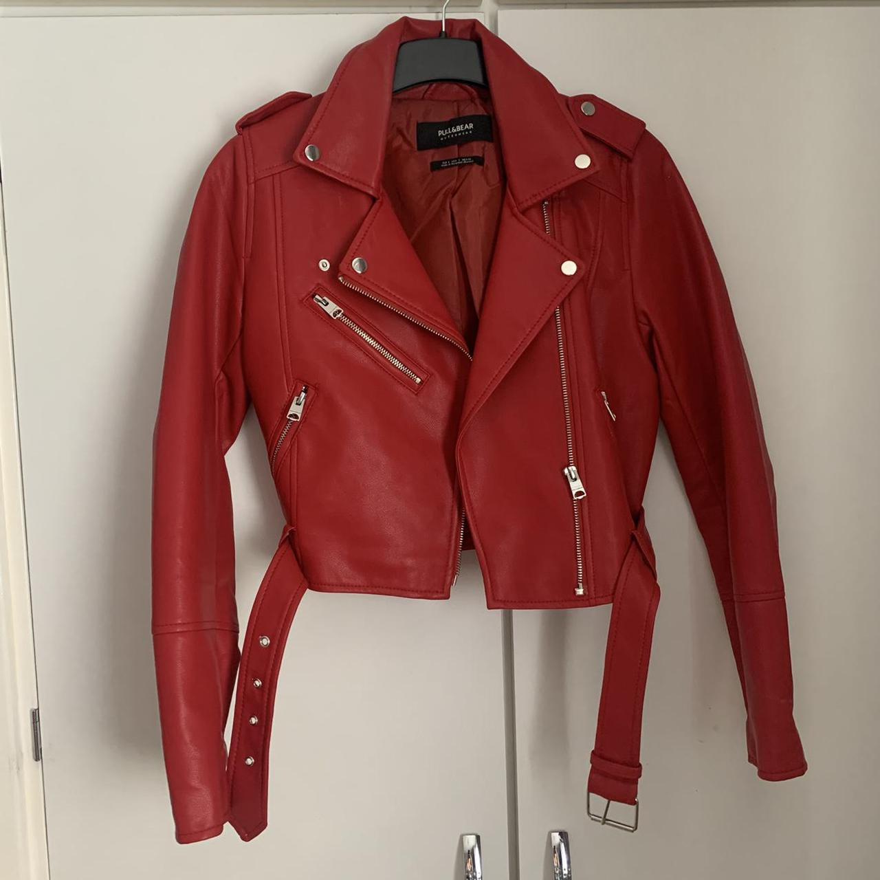 Pull&Bear red leather jacket #N#Size small, fits 6&8... - Depop