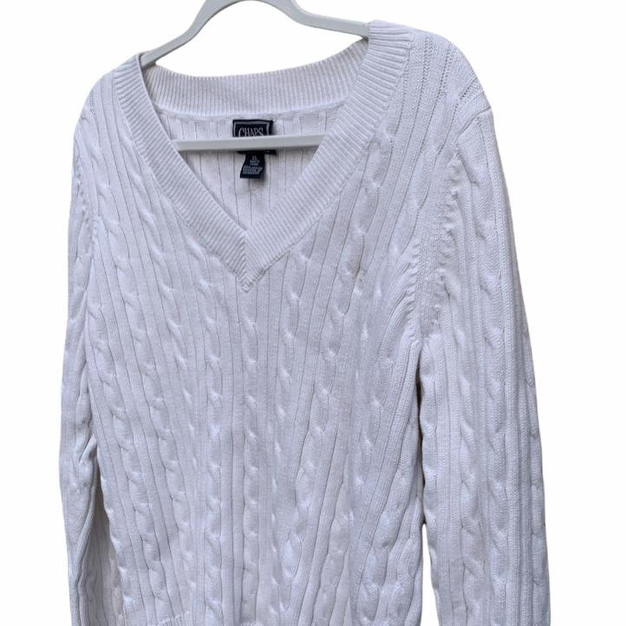 White Cable Knit Jumper Sweater V-Neck Long-sleeved... - Depop