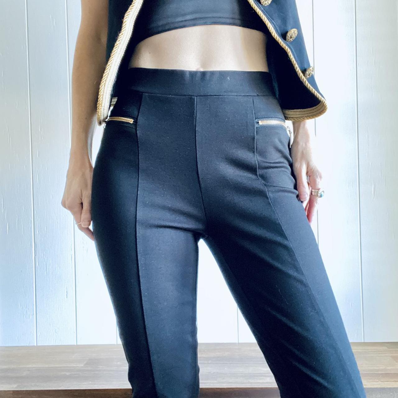 Black & gold zipper stretch skinny ponte trousers... Depop