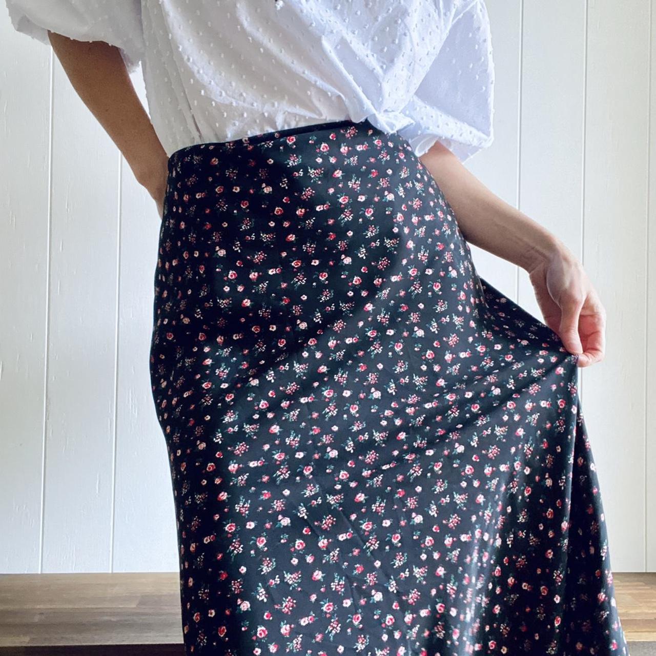 Vintage black floral Miss Shop silky midi skirt... - Depop