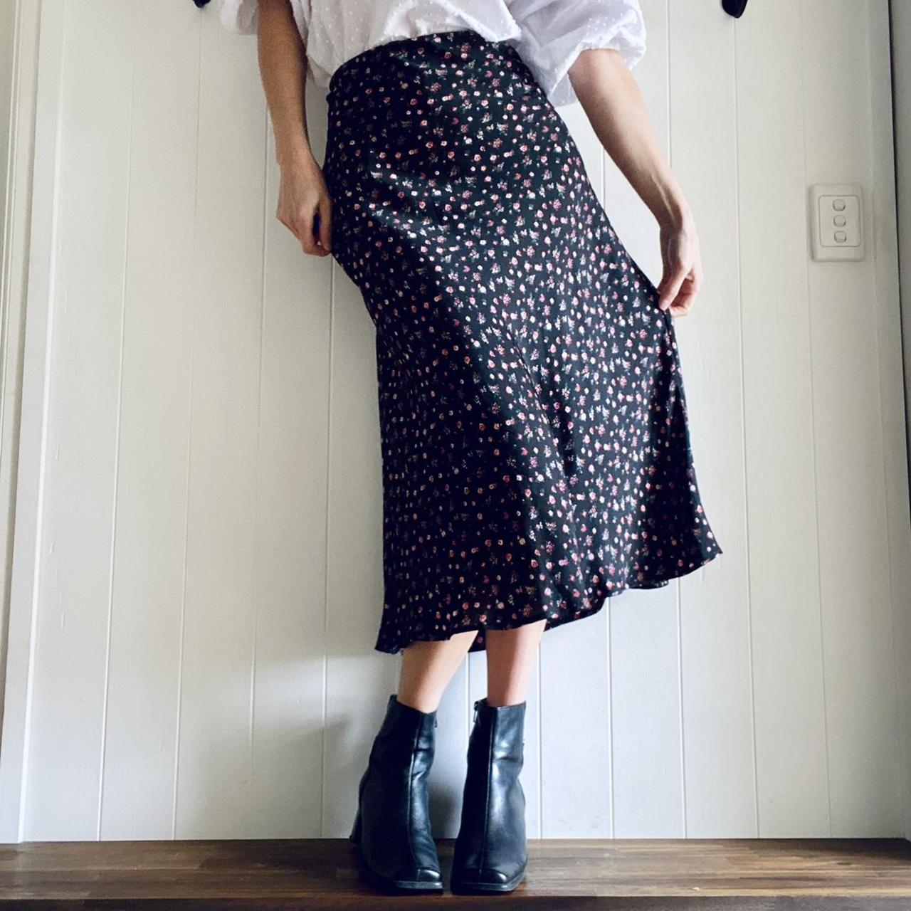 Vintage black floral Miss Shop silky midi skirt... - Depop