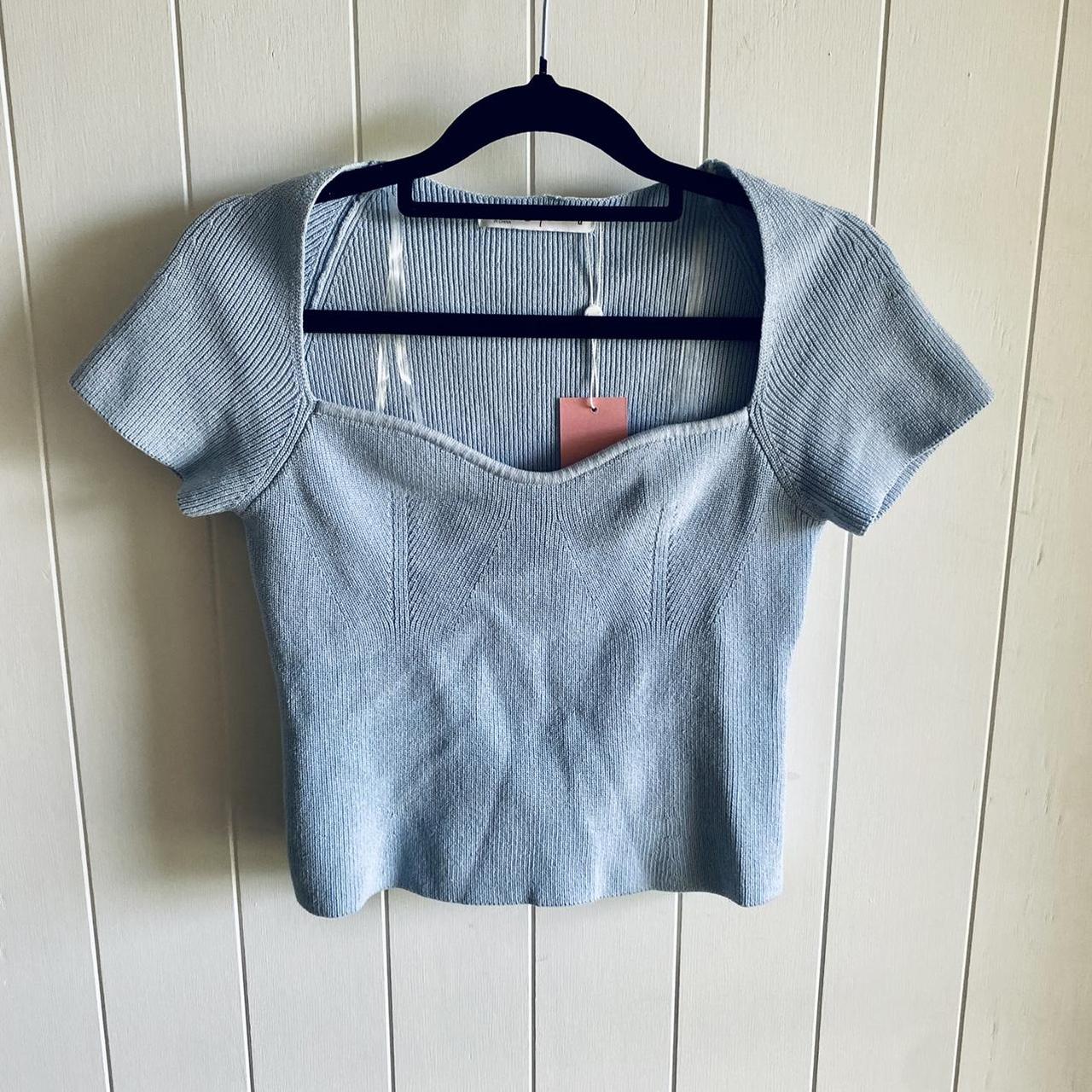 Baby blue ribbed knit sweetheart bodice crop top... - Depop