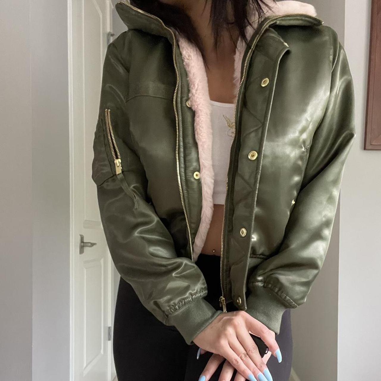 GAP Women's Shiny Army Green Bomber Jacket Coat - Depop
