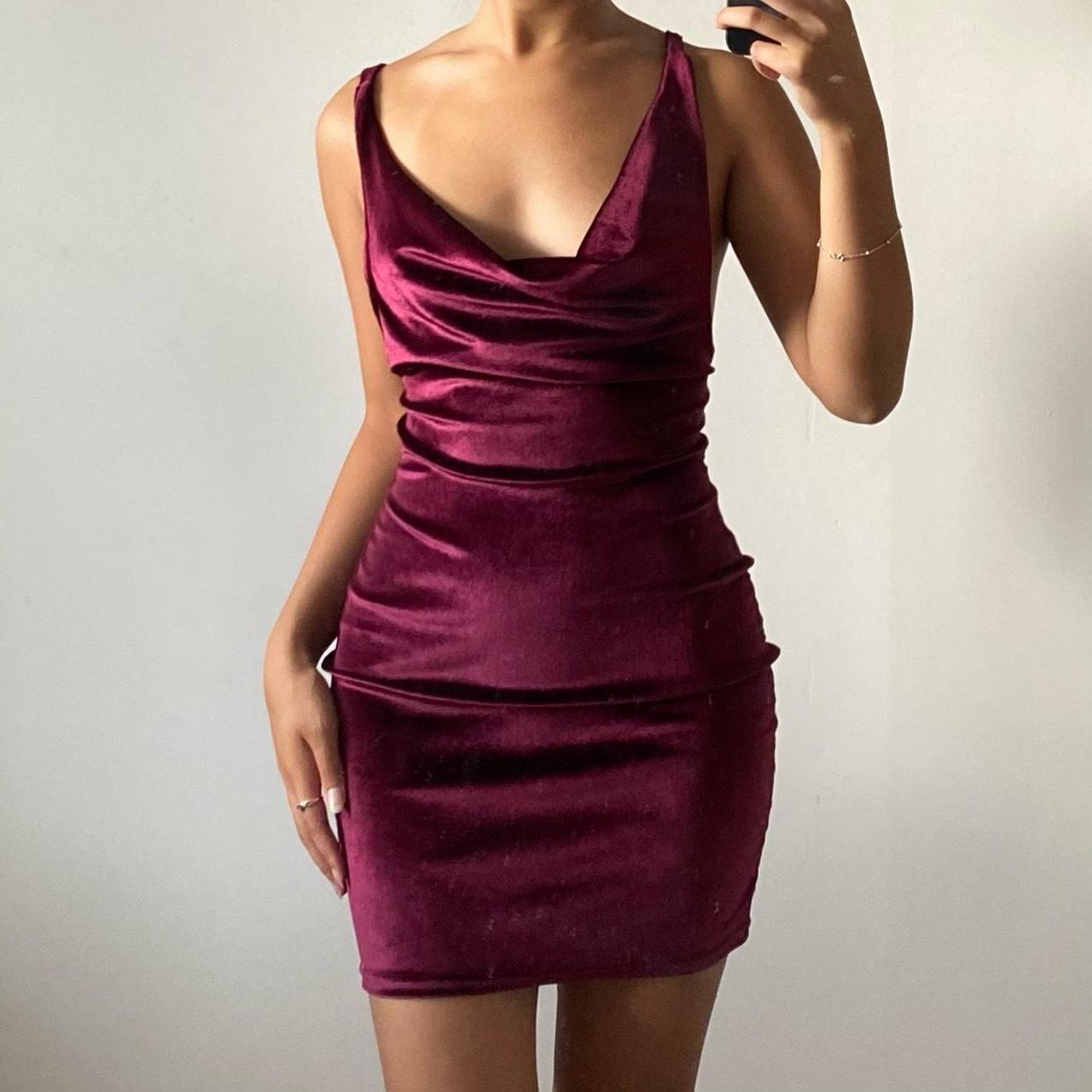 PrettyLittleThing Women's Burgundy Dress | Depop