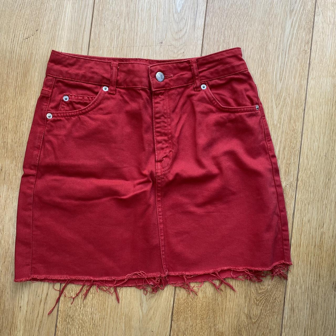 Red Distressed Topshop Moto Denim Mini Skirt Size Depop