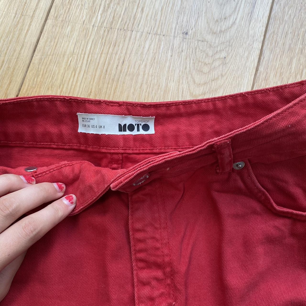 Red Distressed Topshop Moto Denim Mini Skirt Size 8 Depop