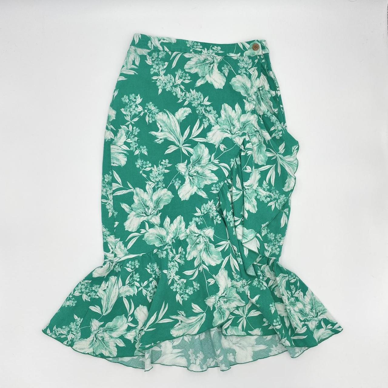 ZARA Wrap Skirt Green Floral Flounce Linen Viscose... Depop
