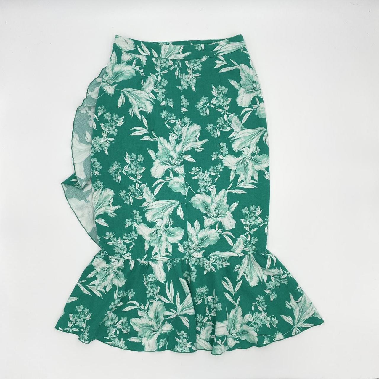 ZARA Wrap Skirt Green Floral Flounce Linen Viscose... Depop