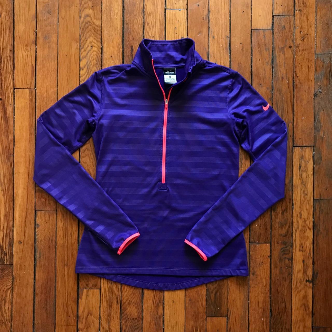 Nike Pro Dri Fit Women's Purple Striped Pink 1/2... - Depop