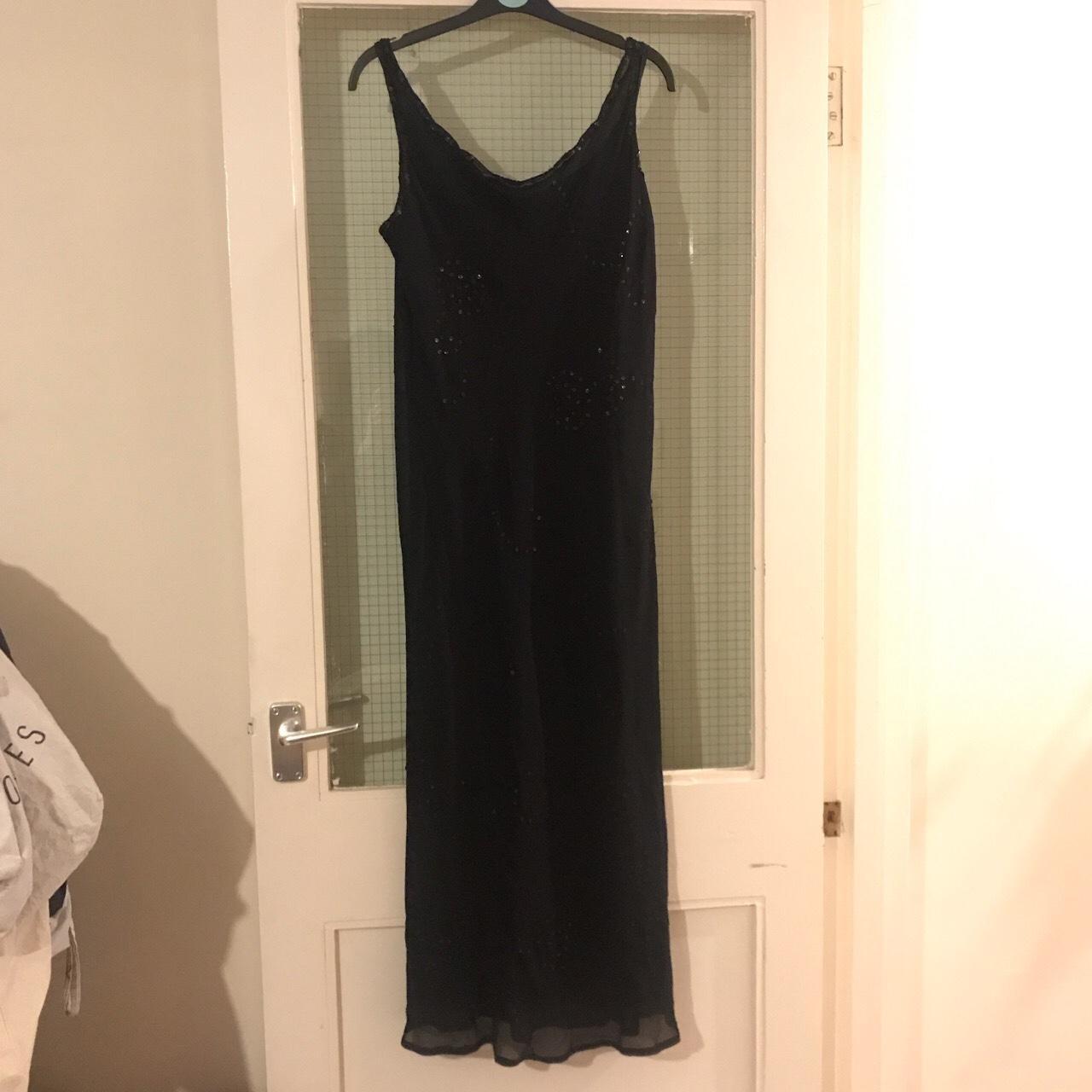 Vintage Laura Ashley Black Silk Sequin Midi Dress... - Depop