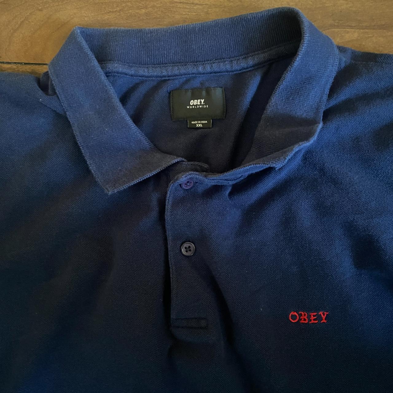 Y2K Obey Polo Shirt front features, obey name text... - Depop