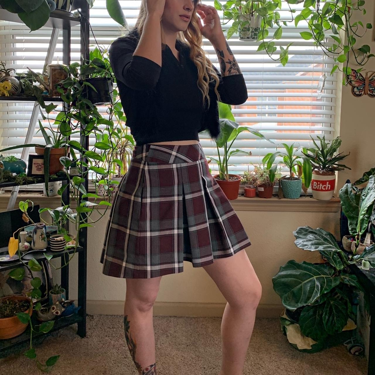 Maroon grey and white plaid school girl mini. Depop