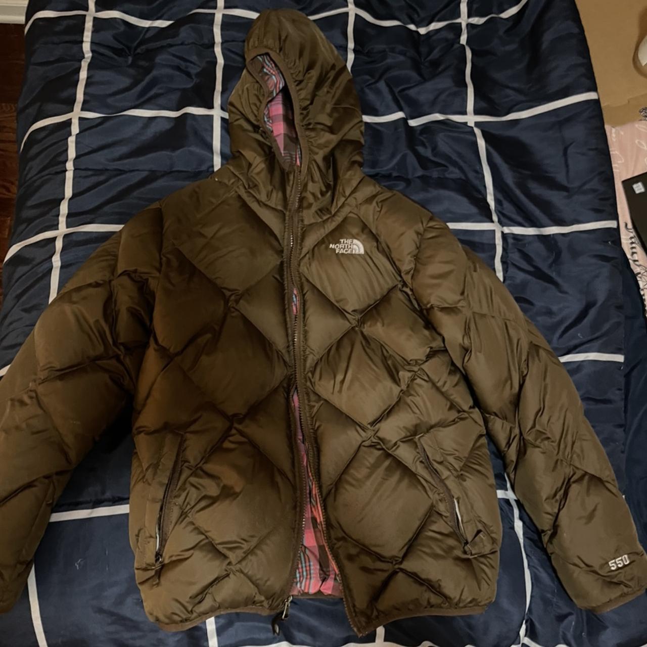 brown north face puffer jacket depop