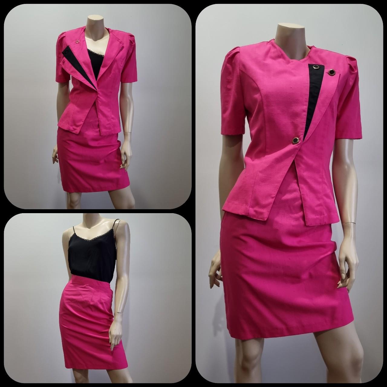 Powerhouse 80's pink skirt suit with striking black... - Depop