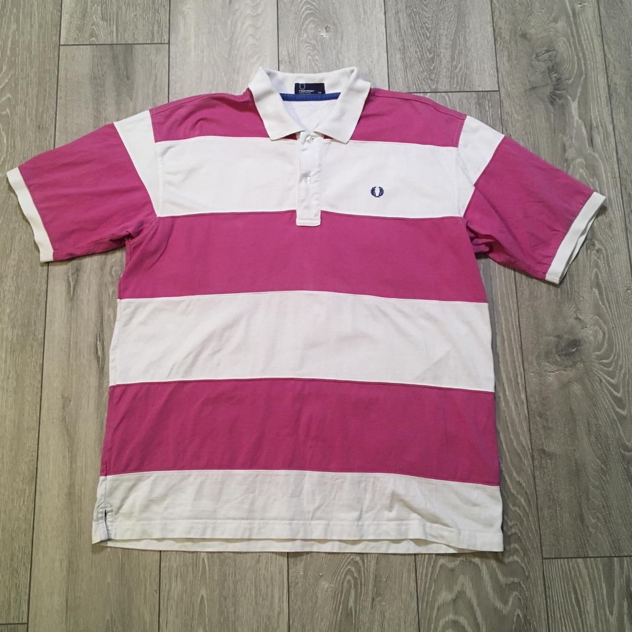 Fred Perry 00s white pink stripe cotton polo shirt -... - Depop