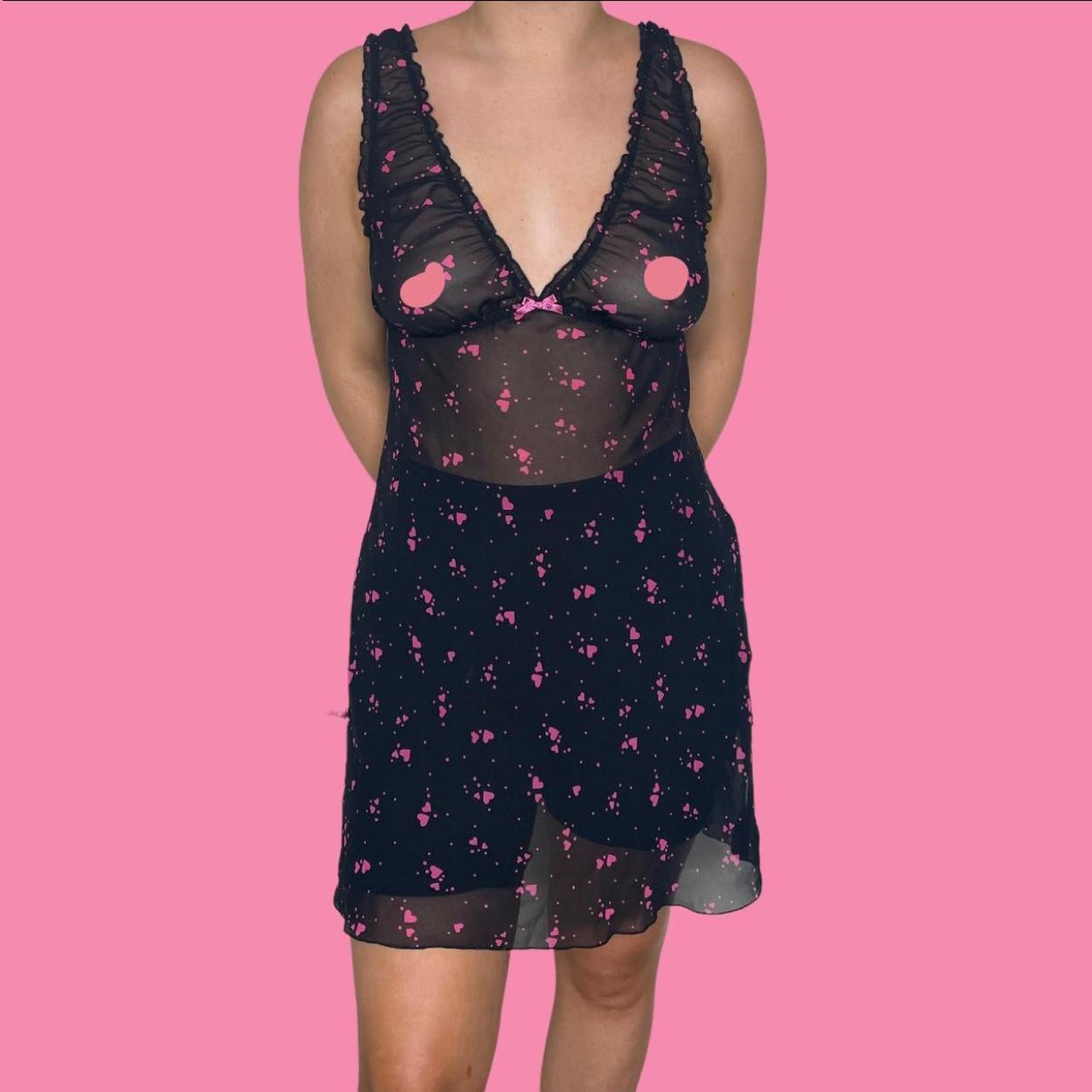 Unreal mesh black mini dress with cute pink hearts... - Depop