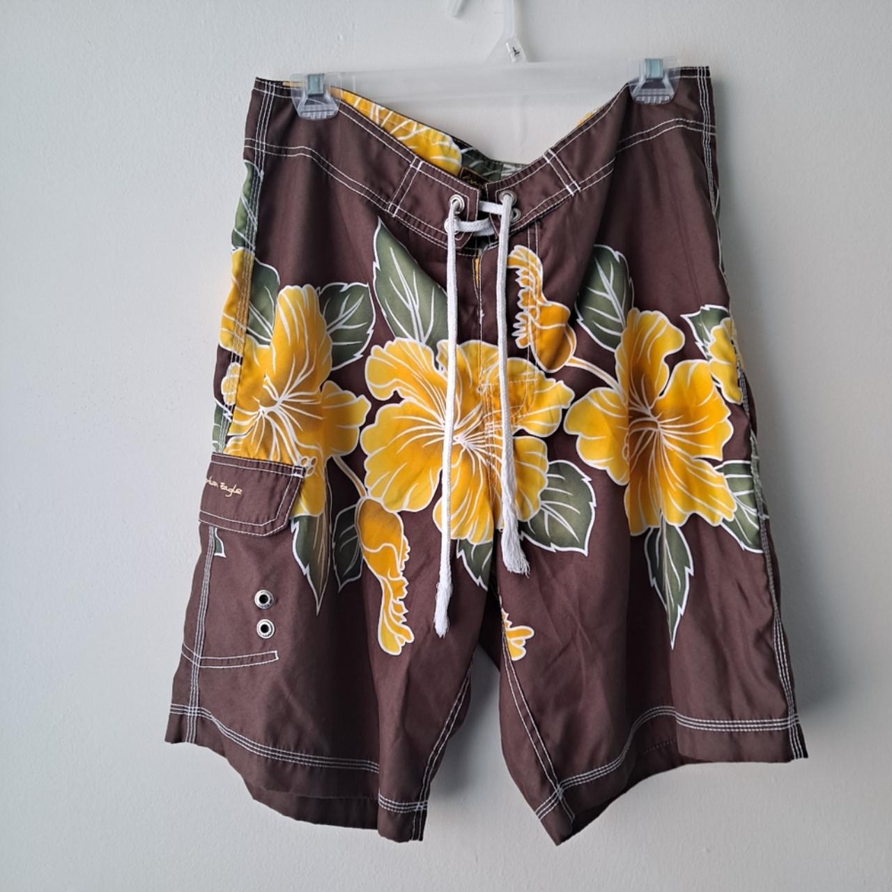 American Eagle Outfitters Men's Brown and Yellow Swimbriefsshorts Depop