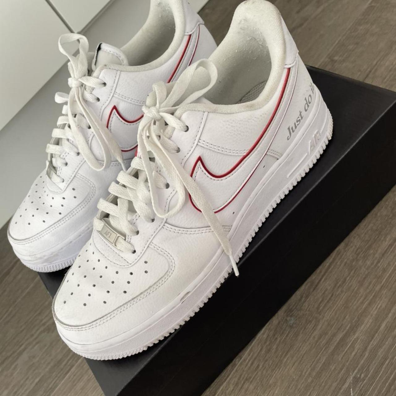 Men’s Nike Air Force 1 trainers. White with red... - Depop