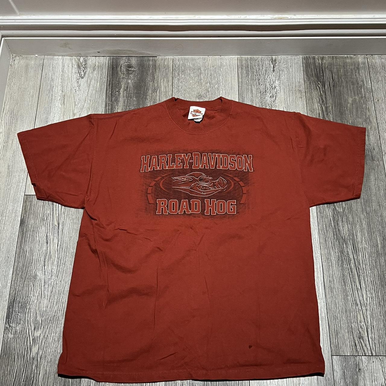 Harley Davidson Men's Burgundy and Orange T-shirt | Depop