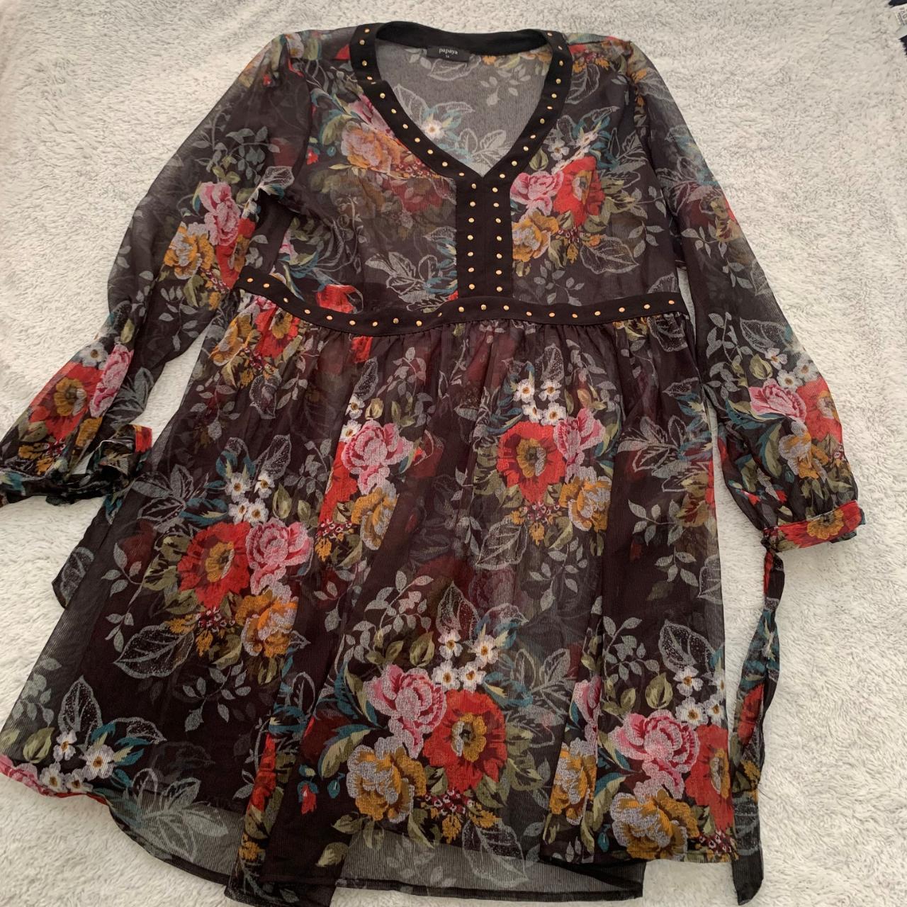 Papaya Floral Chiffon/Mesh Dress with Tie Cuffs. UK... Depop