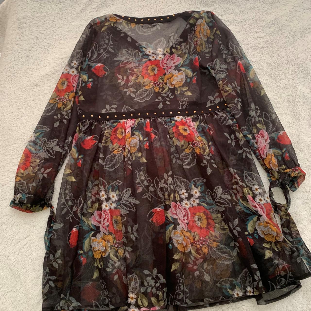 Papaya Floral Chiffon/Mesh Dress with Tie Cuffs. UK... Depop