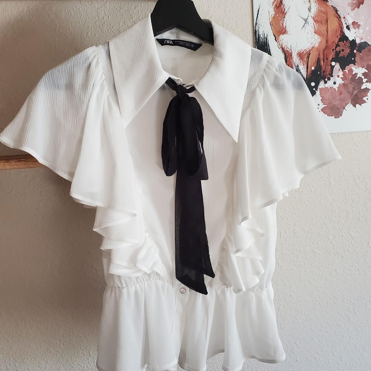 Zara Ruffled Blouse with Bow Oyster White Size XS - Depop