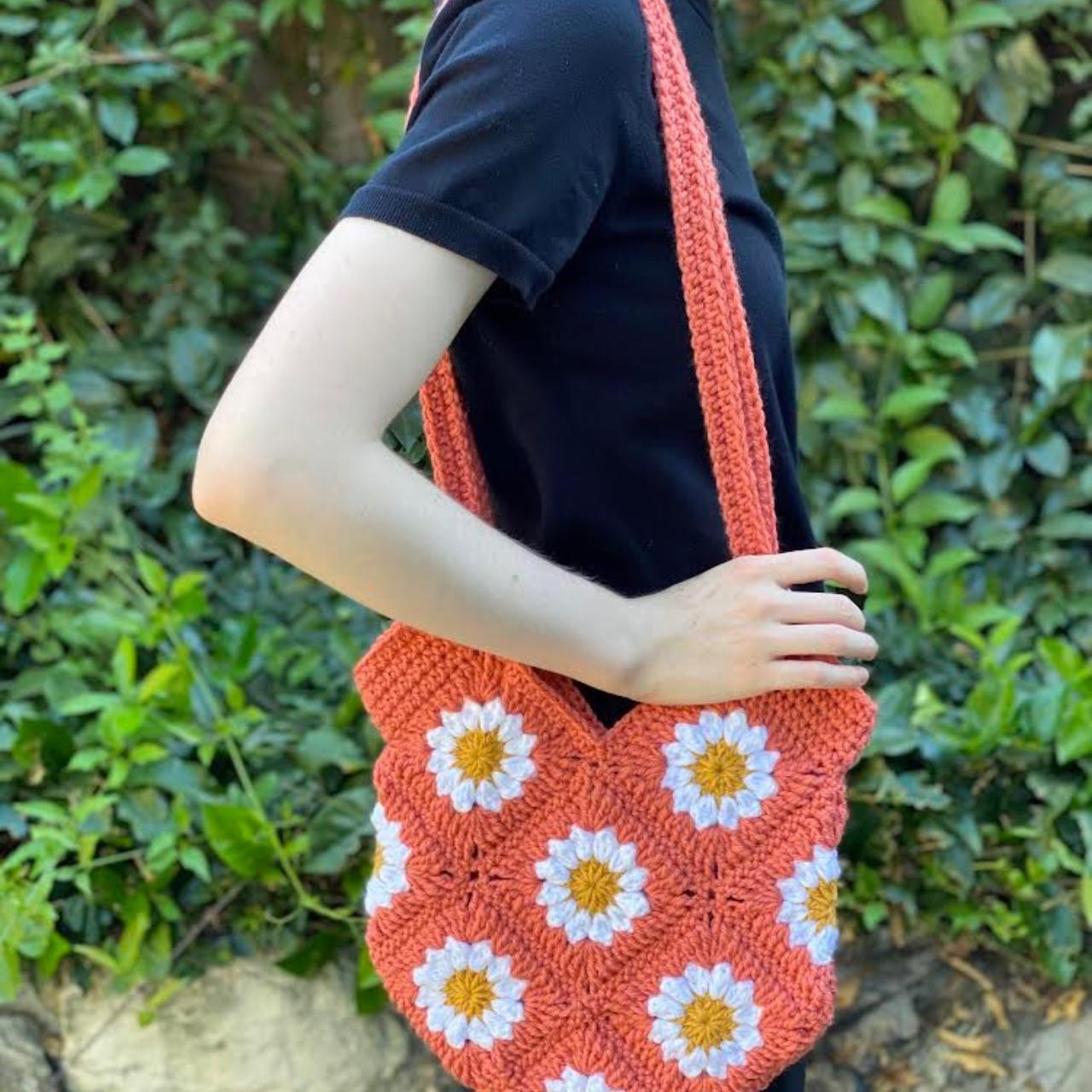 Coral Crochet Flower Tote Bag Granny Square