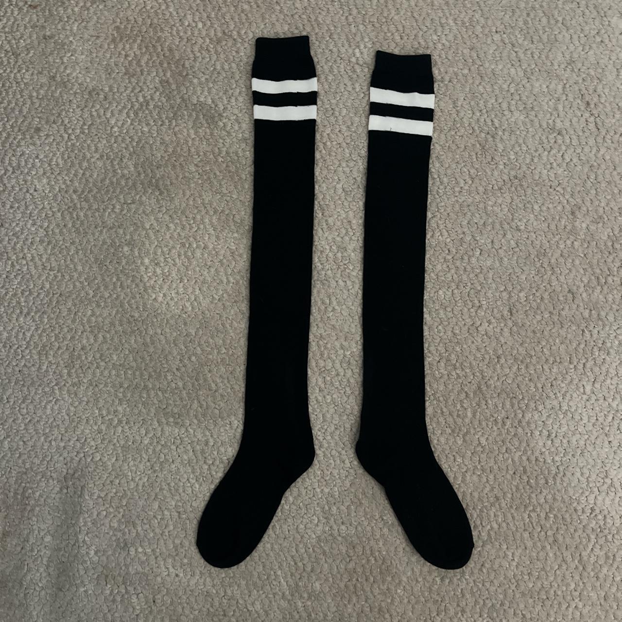 Black and white striped kneehigh socks in good... Depop