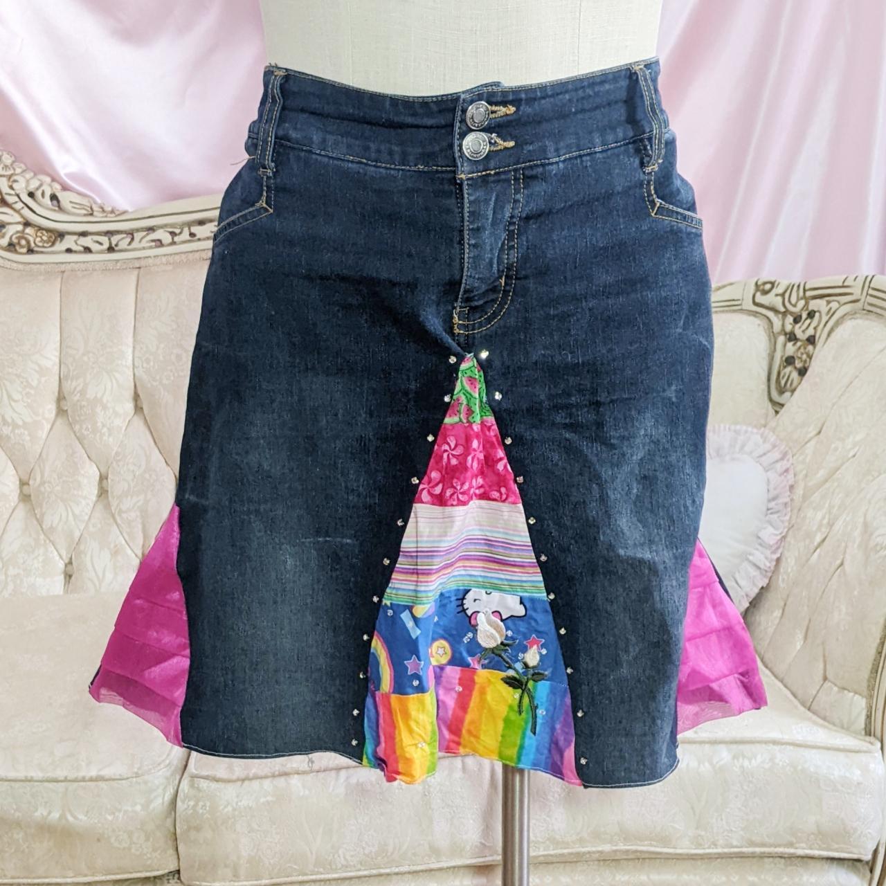 90s DIY denim skirt with rainbow patchwork inset