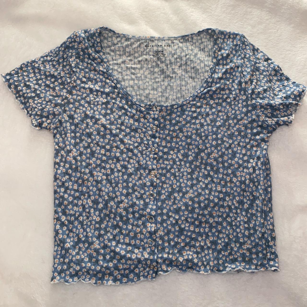 blue floral snap button tee from american eagle worn... - Depop