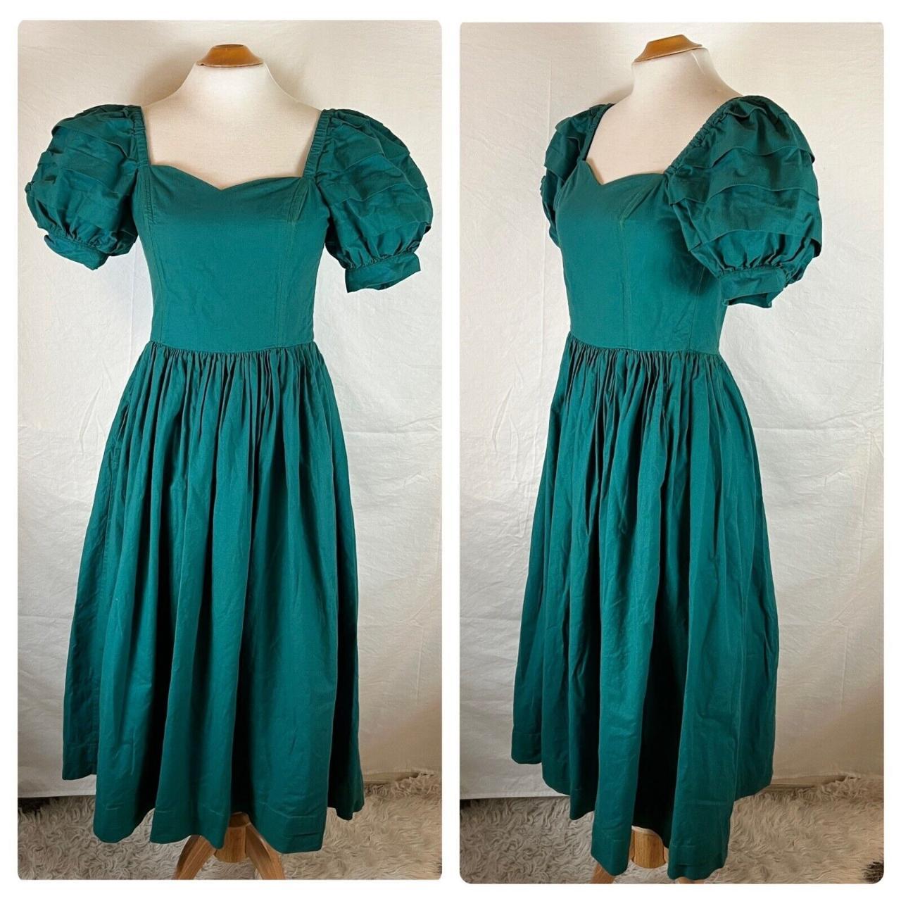 Vintage Laura Ashley green midi tea dress with puff... - Depop