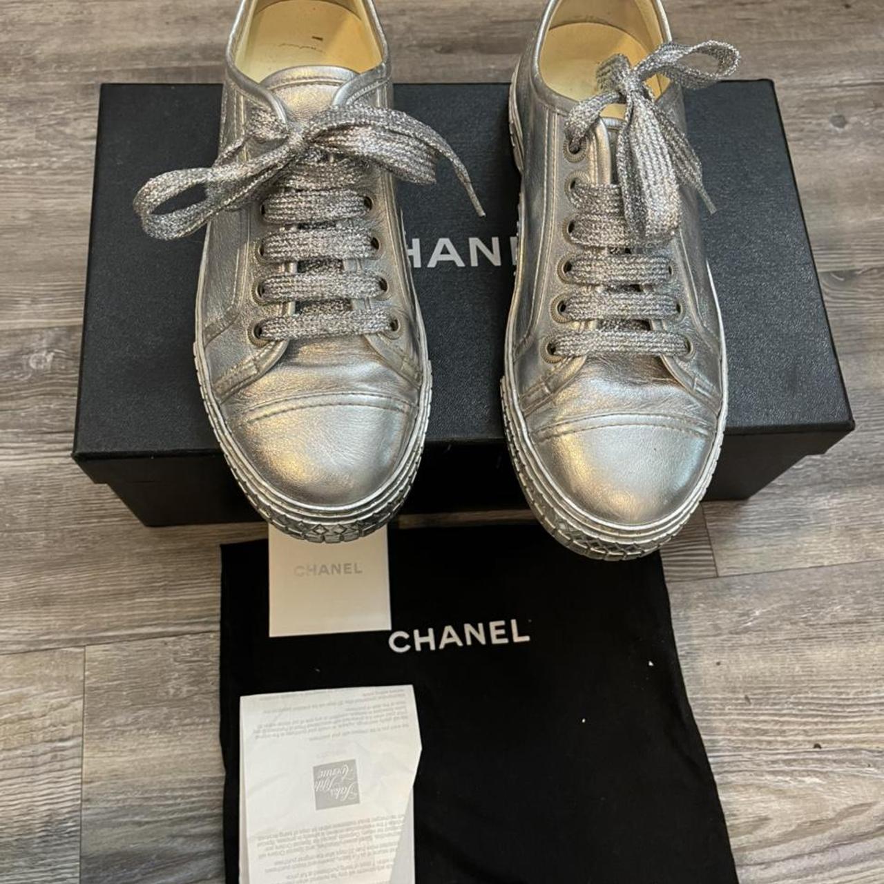 Chanel Laminated Lambskin Sneakers Silver Authentic - Depop