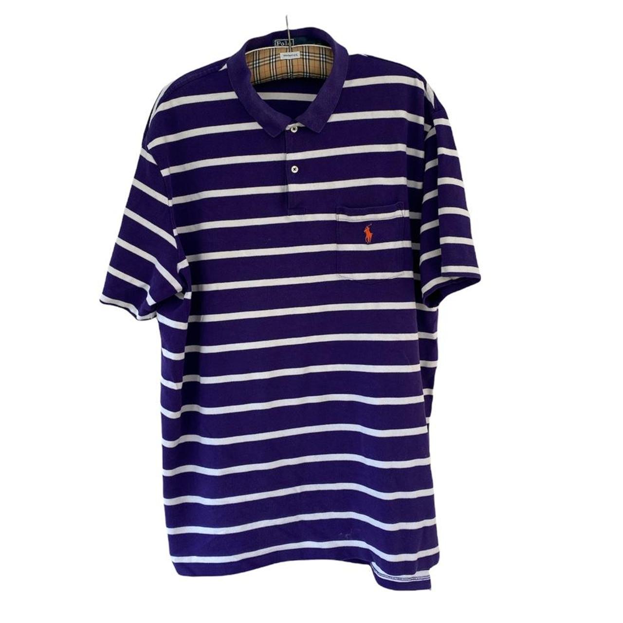 Vintage Ralph Lauren striped polo in a purple and... - Depop