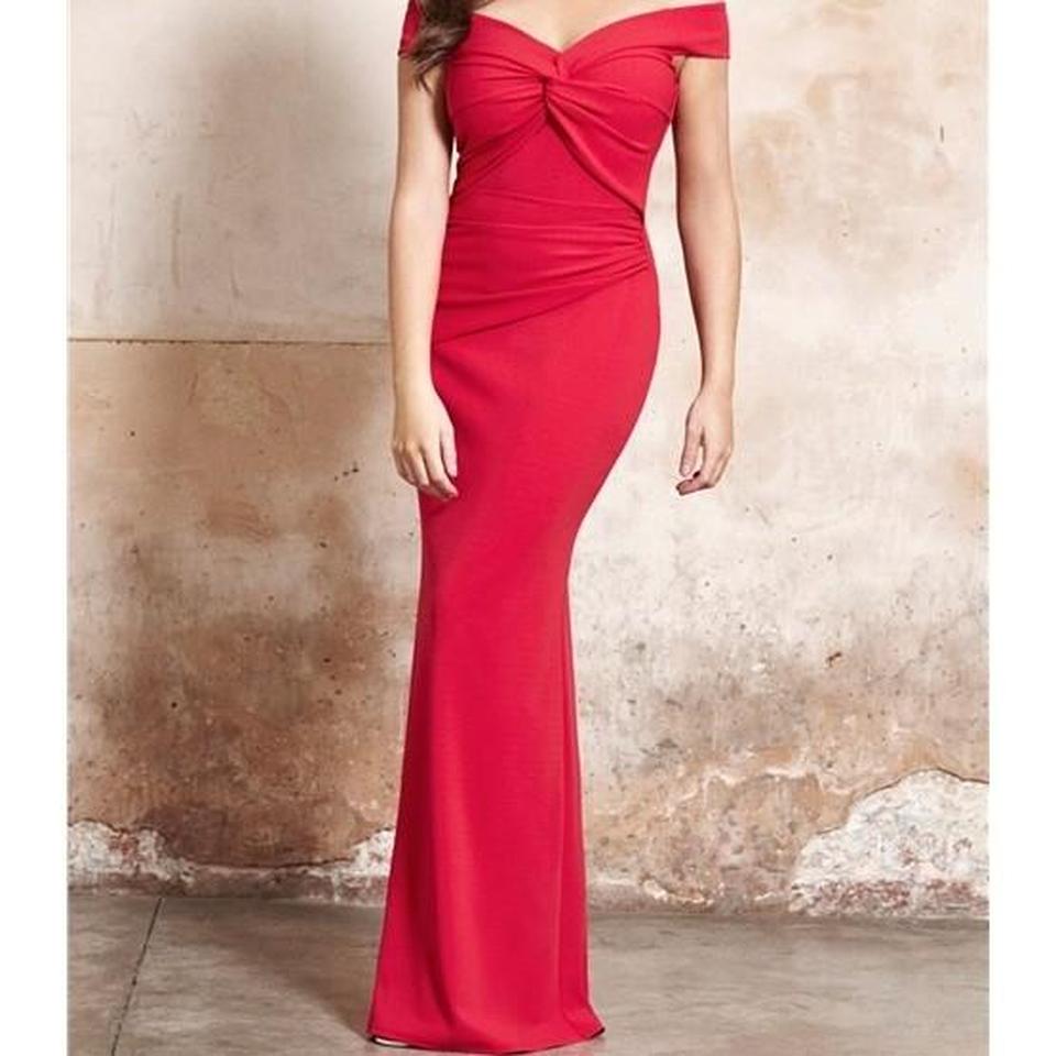 Jessica Wright Red Evening Bardot Fluted Maxi Depop