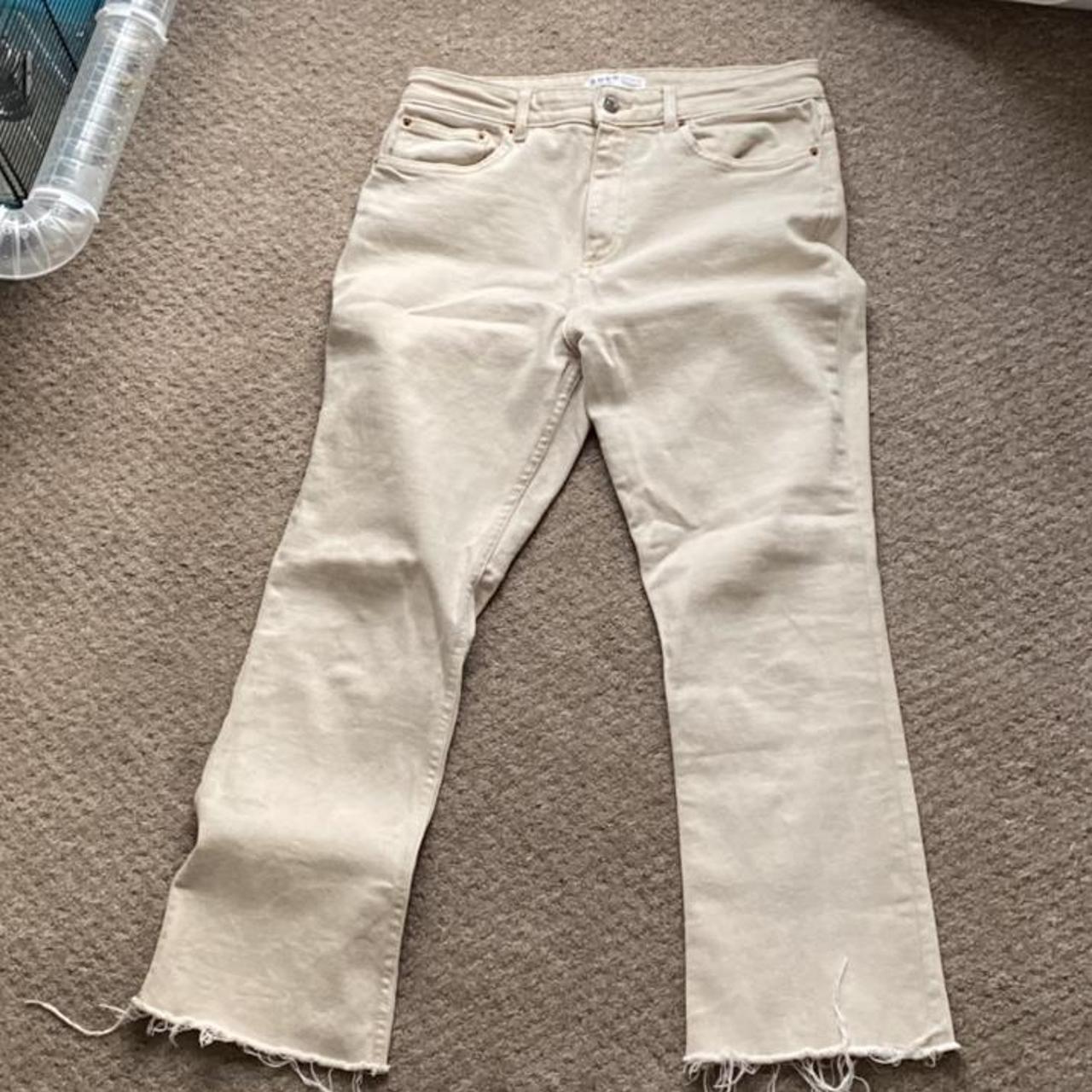 Primark beige denim jeans flared wide leg skinny y2k... - Depop