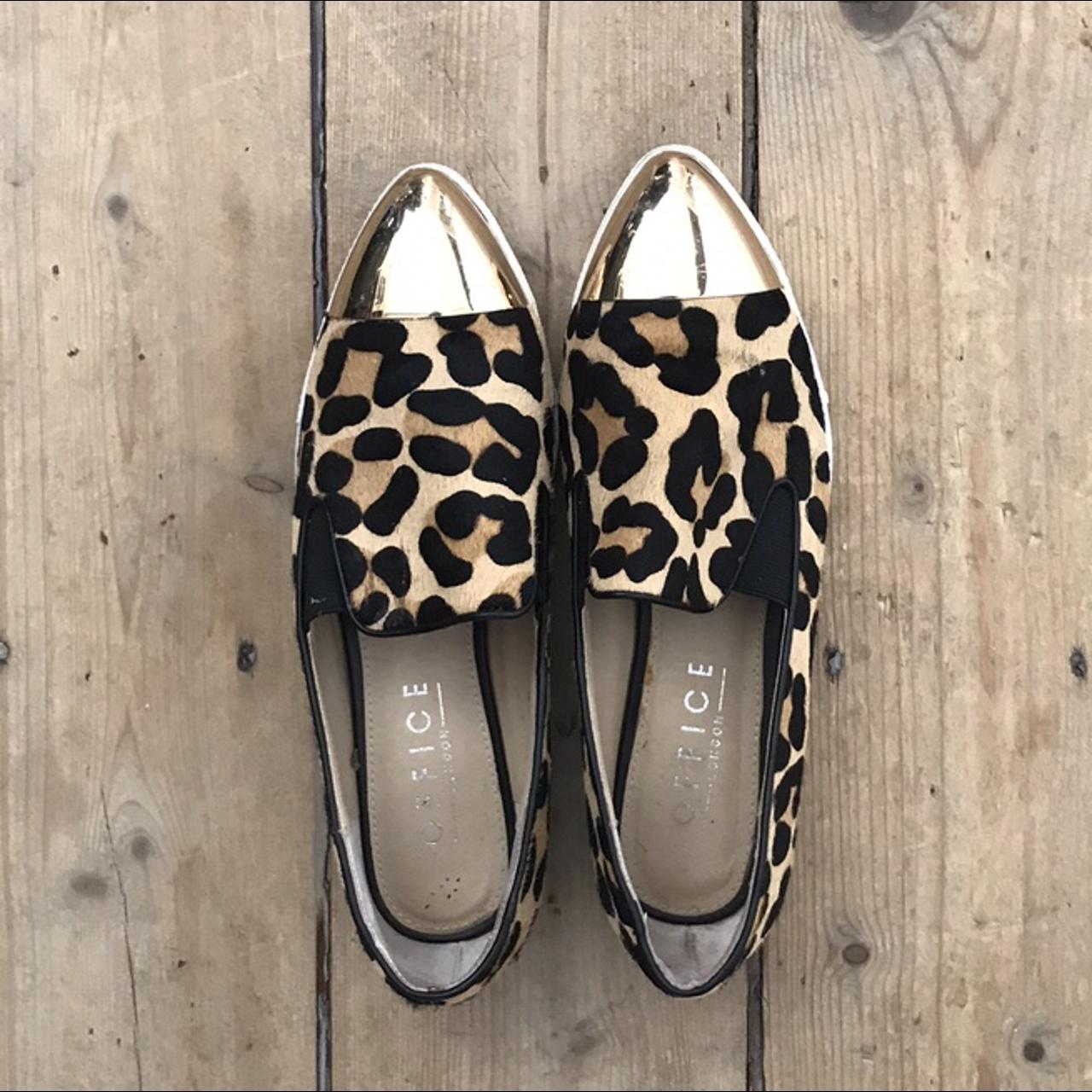 Pony skin leopard office trainers with gold toe... - Depop